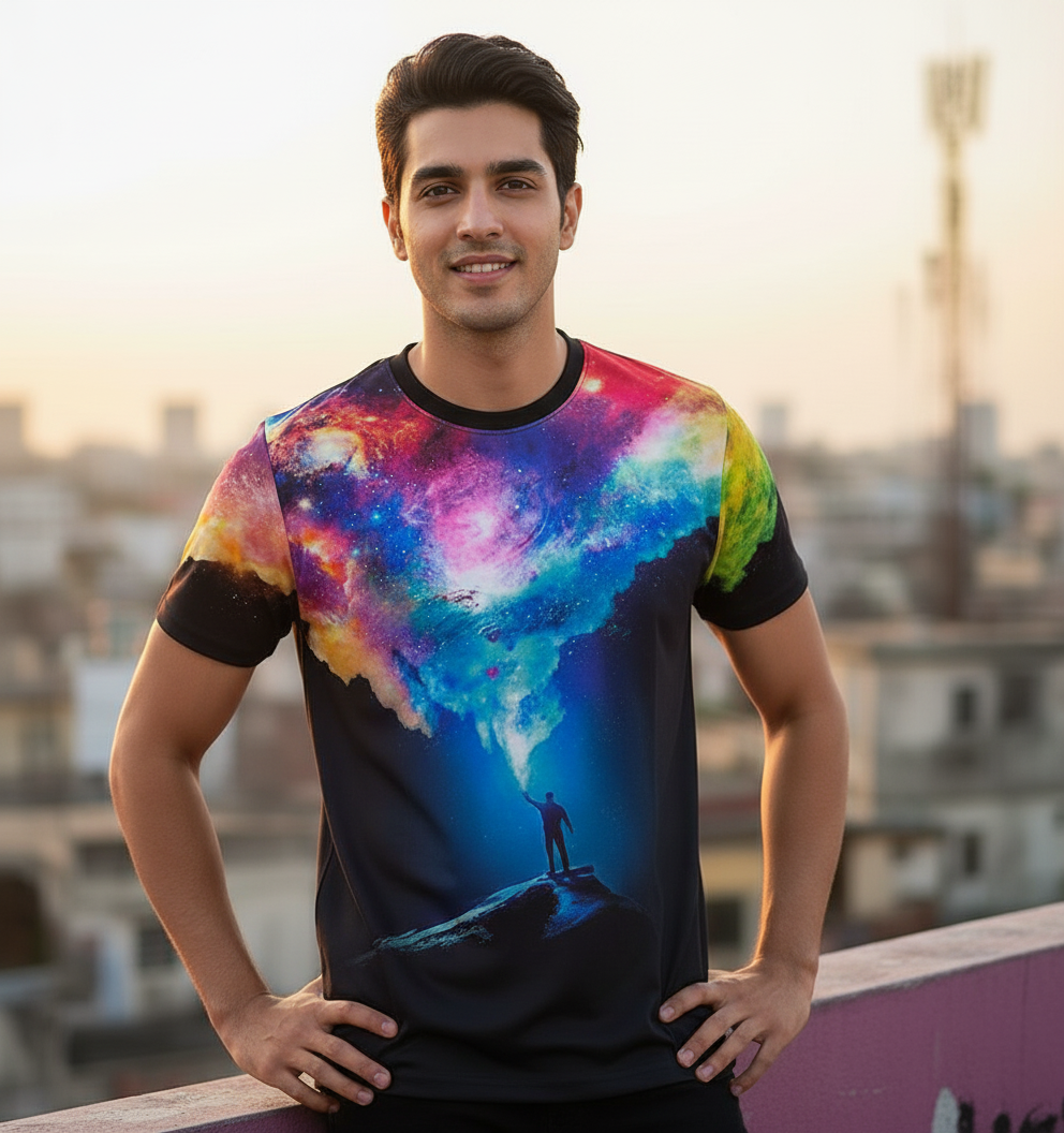 3D Galaxy & Figure Graphic Print Short Sleeve Tshirt for Men