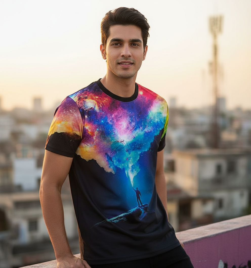 3D Galaxy & Figure Graphic Print Short Sleeve Tshirt for Men