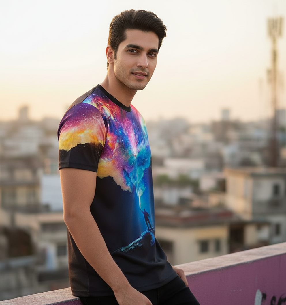 3D Galaxy & Figure Graphic Print Short Sleeve Tshirt for Men