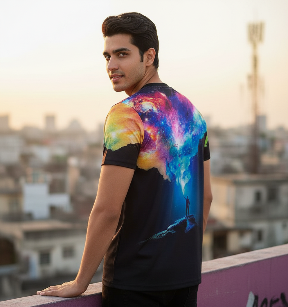 3D Galaxy & Figure Graphic Print Short Sleeve Tshirt for Men