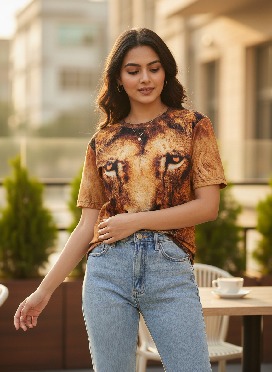 Lion Printed Polycotton Half Sleeve Oversized Animal T-Shirt for Women ( GOLD )