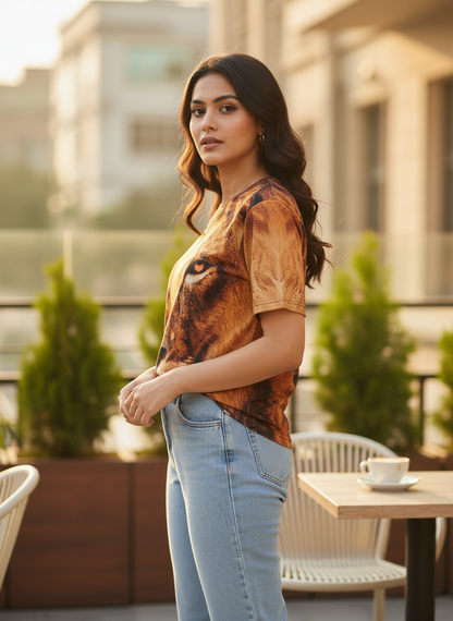 Lion Printed Polycotton Half Sleeve Oversized Animal T-Shirt for Women ( GOLD )