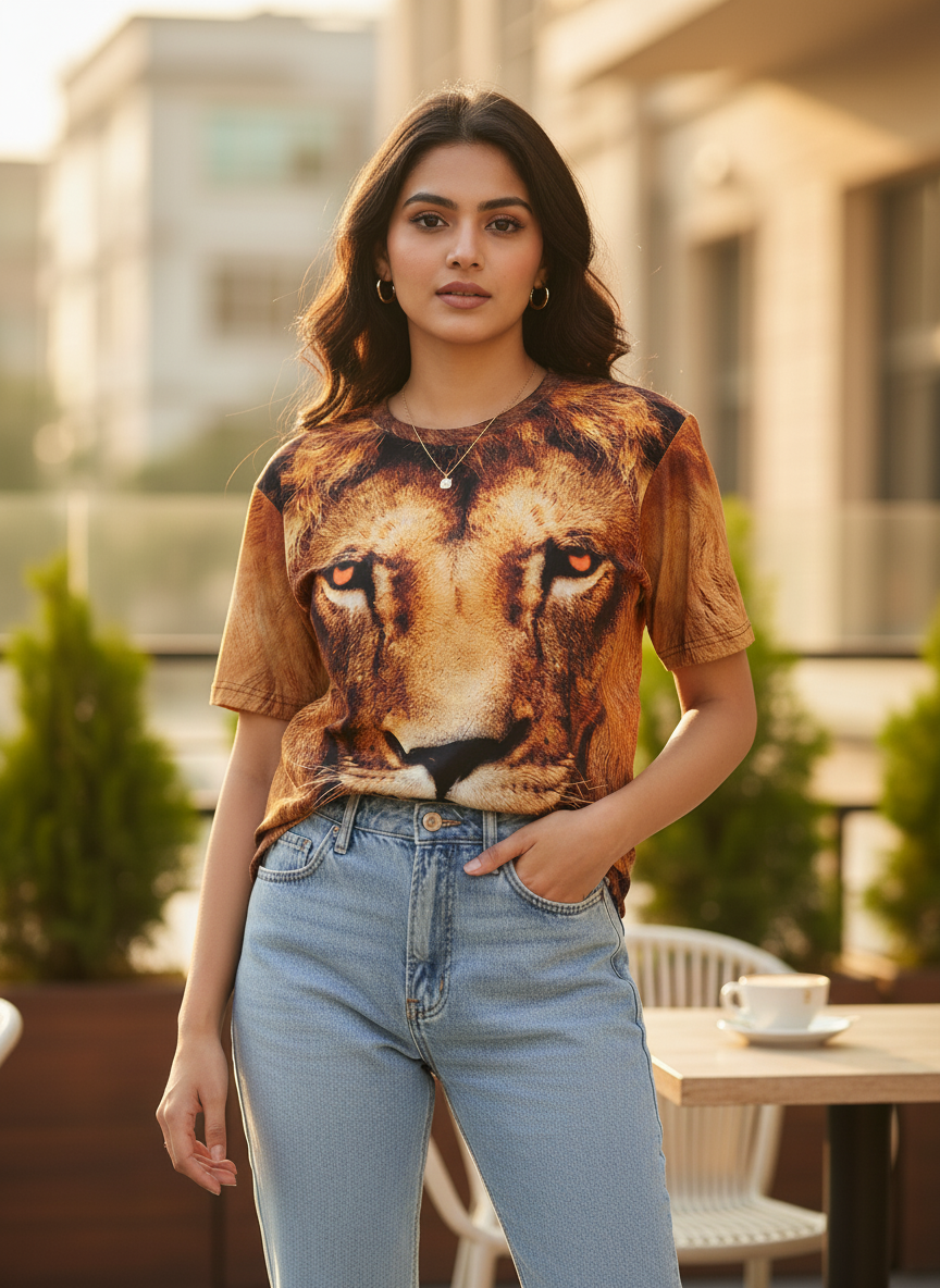 Lion Printed Polycotton Half Sleeve Oversized Animal T-Shirt for Women ( GOLD )