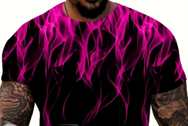 Cool 3D Flame Print T-Shirt Casual Funny Fire Pattern Pullover Unisex Fashion Tops Pink