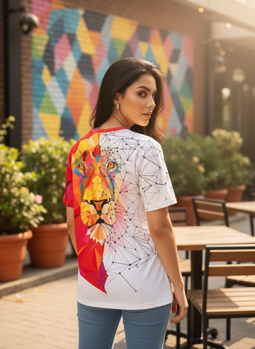 Lion Printed Polycotton Half Sleeve Oversized Animal T-Shirt for Women ( Red-White )