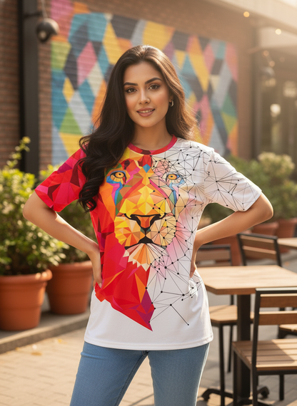 Lion Printed Polycotton Half Sleeve Oversized Animal T-Shirt for Women ( Red-White )