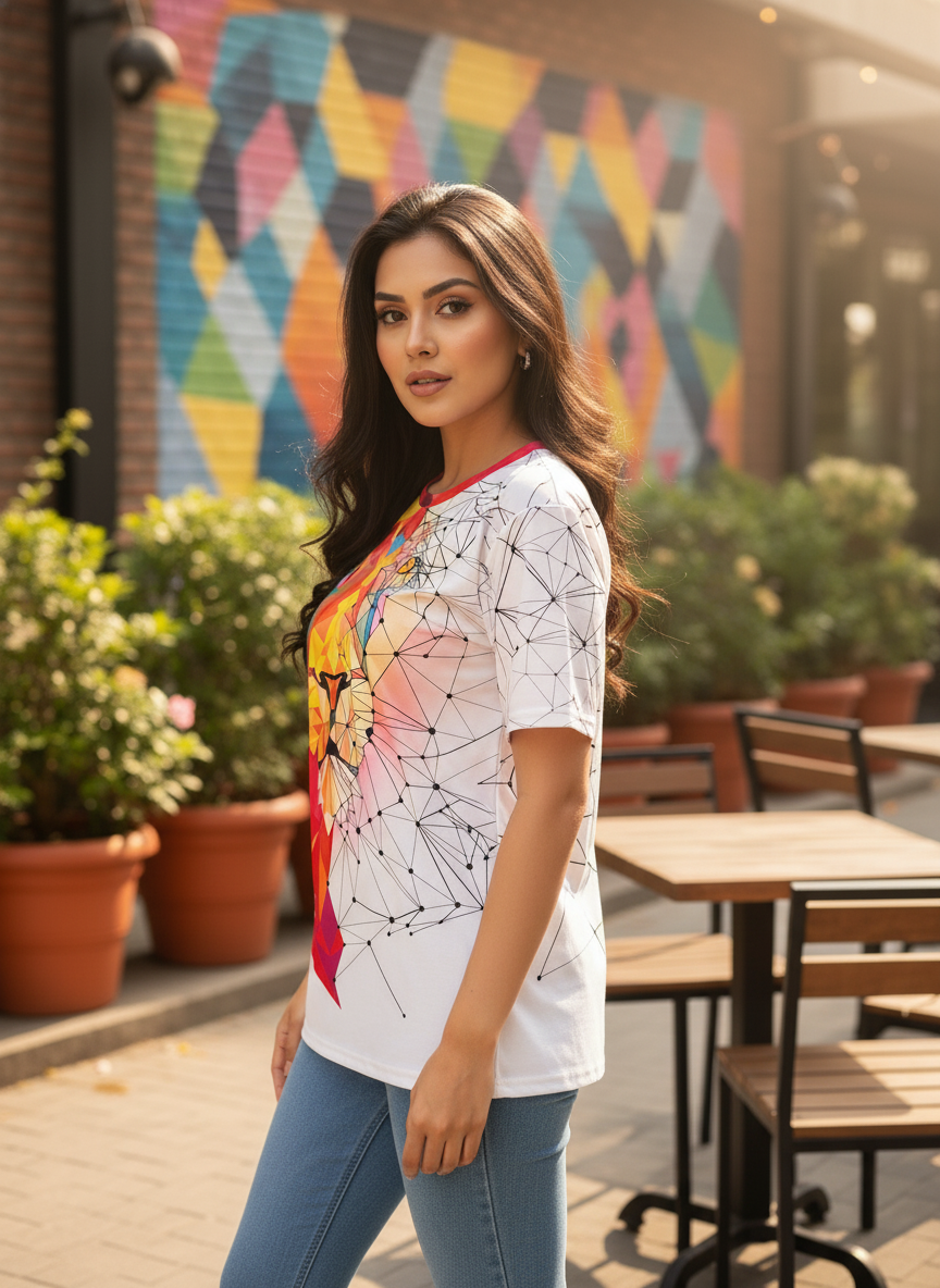 Lion Printed Polycotton Half Sleeve Oversized Animal T-Shirt for Women ( Red-White )