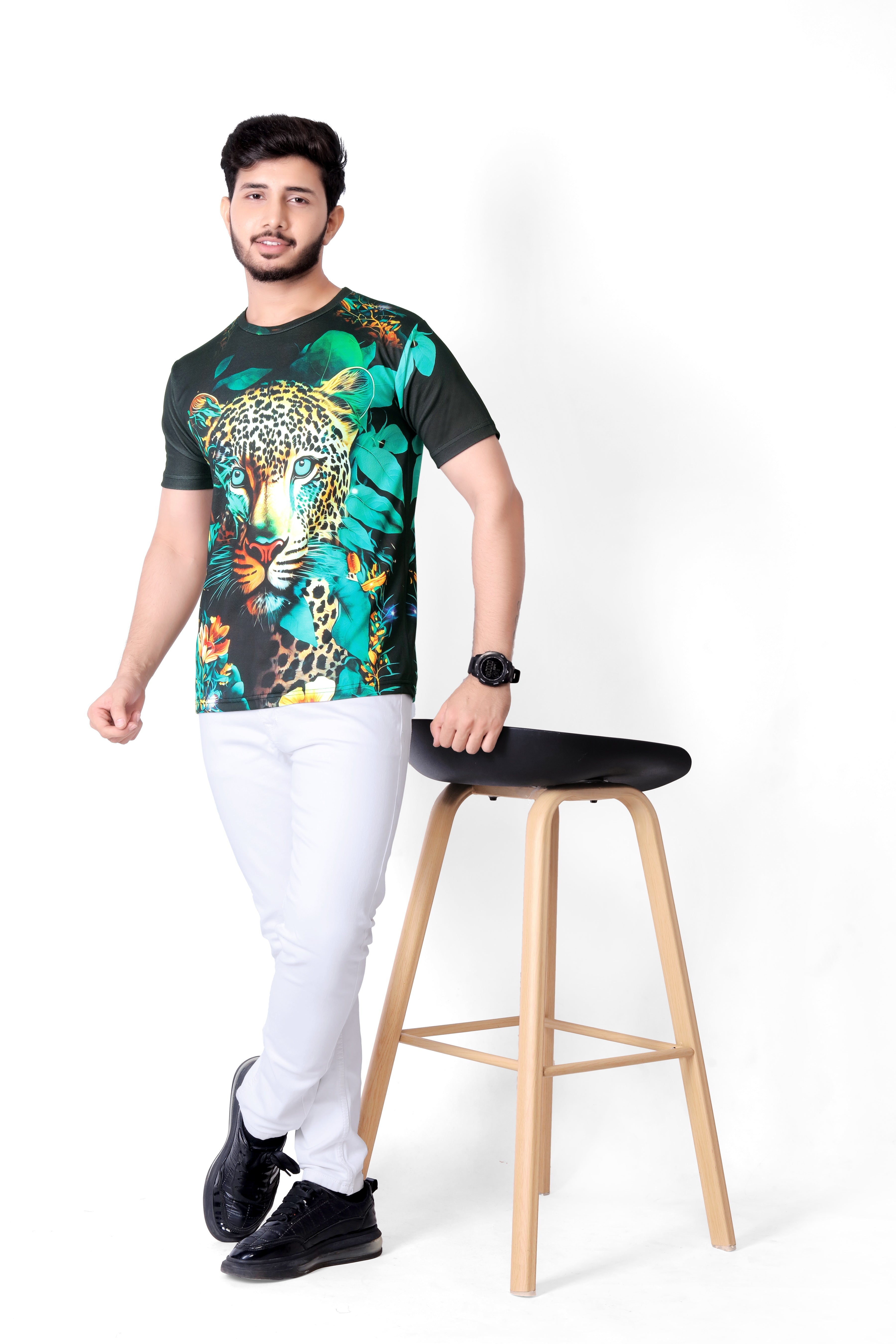 Combo - Pack of - 2 Leopard T-shirt Men's Casual Street Style Stretch Round Neck Tee Shirt For Summer. Grey - Green - UD FABRIC - Your Style our Design