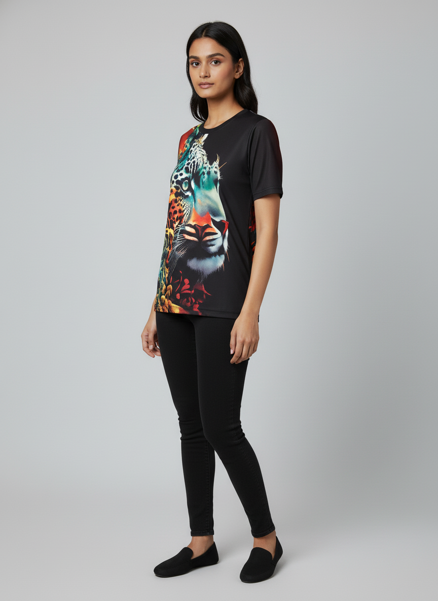 Tiger Printed Polycotton Half Sleeve Oversized Animal T-Shirt for Women ( Black )