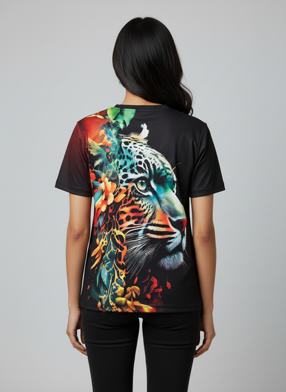 Tiger Printed Polycotton Half Sleeve Oversized Animal T-Shirt for Women ( Black )