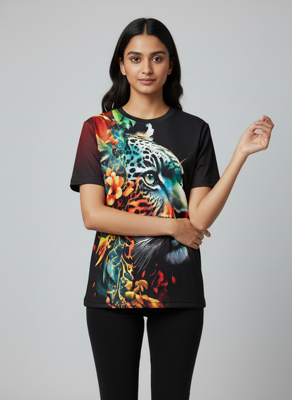 Tiger Printed Polycotton Half Sleeve Oversized Animal T-Shirt for Women ( Black )