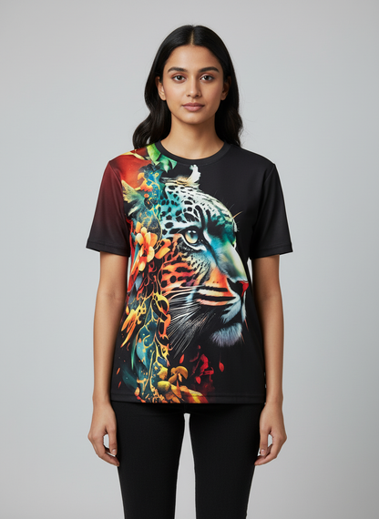 Tiger Printed Polycotton Half Sleeve Oversized Animal T-Shirt for Women ( Black )