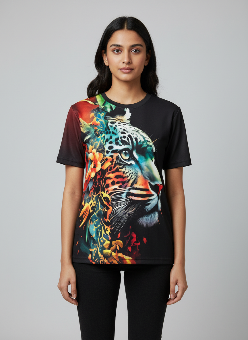 Tiger Printed Polycotton Half Sleeve Oversized Animal T-Shirt for Women ( Black )