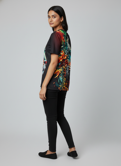 Tiger Printed Polycotton Half Sleeve Oversized Animal T-Shirt for Women ( Black )