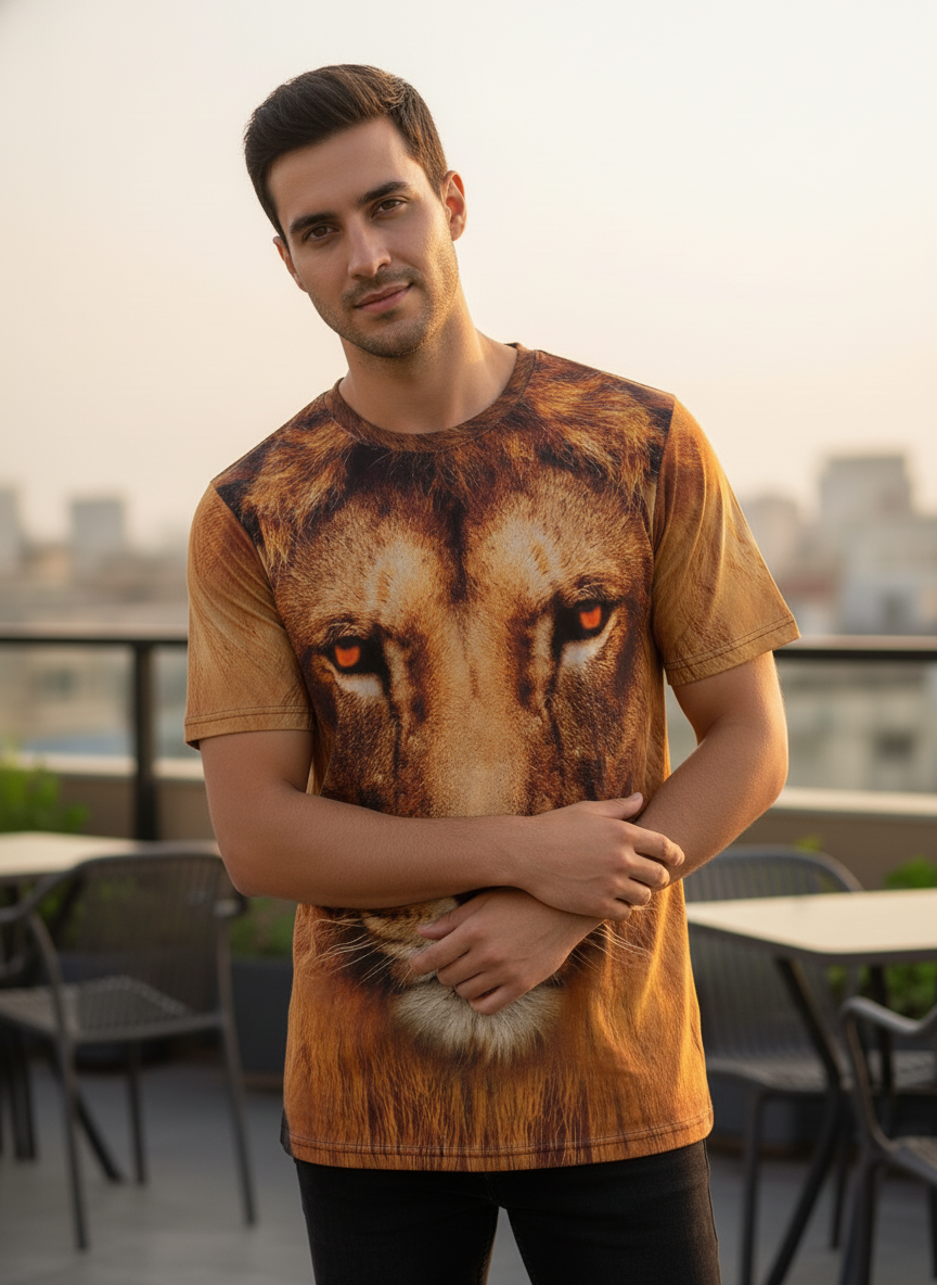 2-Pack Men's 3D Realistic Lion Graphic T-Shirts 2-Pack ( Black-Gold Lion)