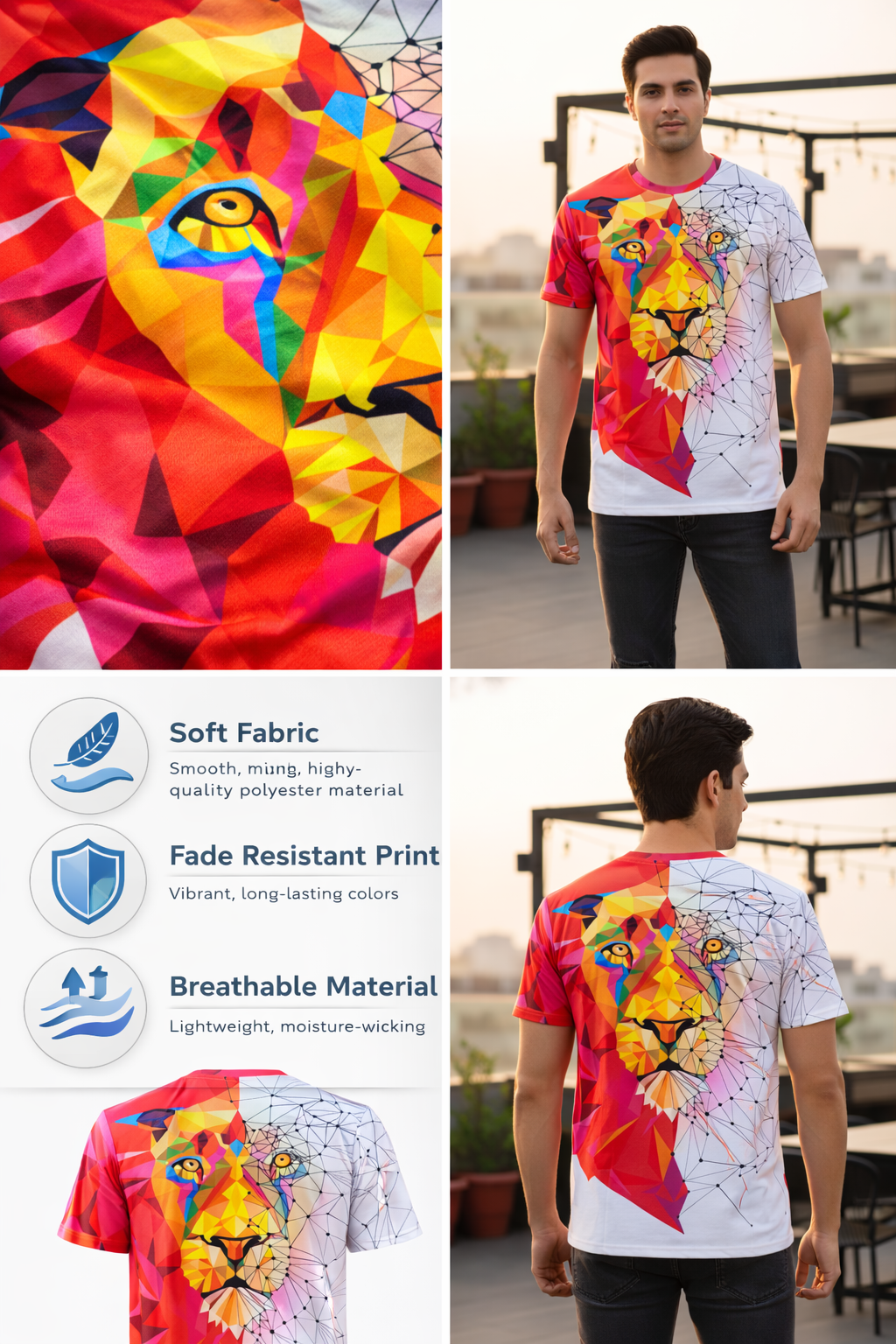 2-Pack Men's 3D Realistic Lion Graphic T-Shirts 2-Pack ( Black-Red White Lion)
