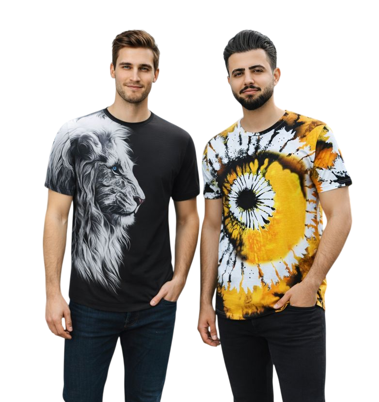 2-Pack Men's 3D Realistic Lion Graphic T-Shirts 2-Pack ( Black-Yellow )