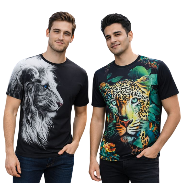 2-Pack Men's 3D Realistic Lion Graphic T-Shirts 2-Pack ( Black-Greenpan)