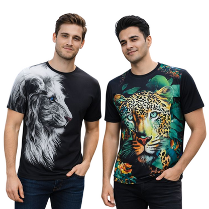 2-Pack Men's 3D Realistic Lion Graphic T-Shirts 2-Pack ( Black-Greenpan)