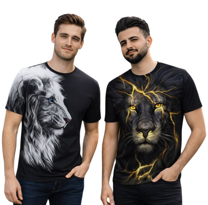 2-Pack Men's 3D Realistic Lion Graphic T-Shirts 2-Pack ( Black-Lite Tiger)