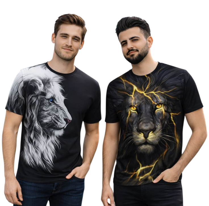 2-Pack Men's 3D Realistic Lion Graphic T-Shirts 2-Pack ( Black-Lite Tiger)