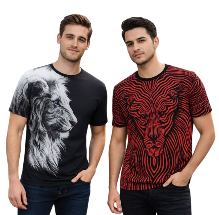 2-Pack Men's 3D Realistic Lion Graphic T-Shirts 2-Pack ( Black-Maroon Lion)