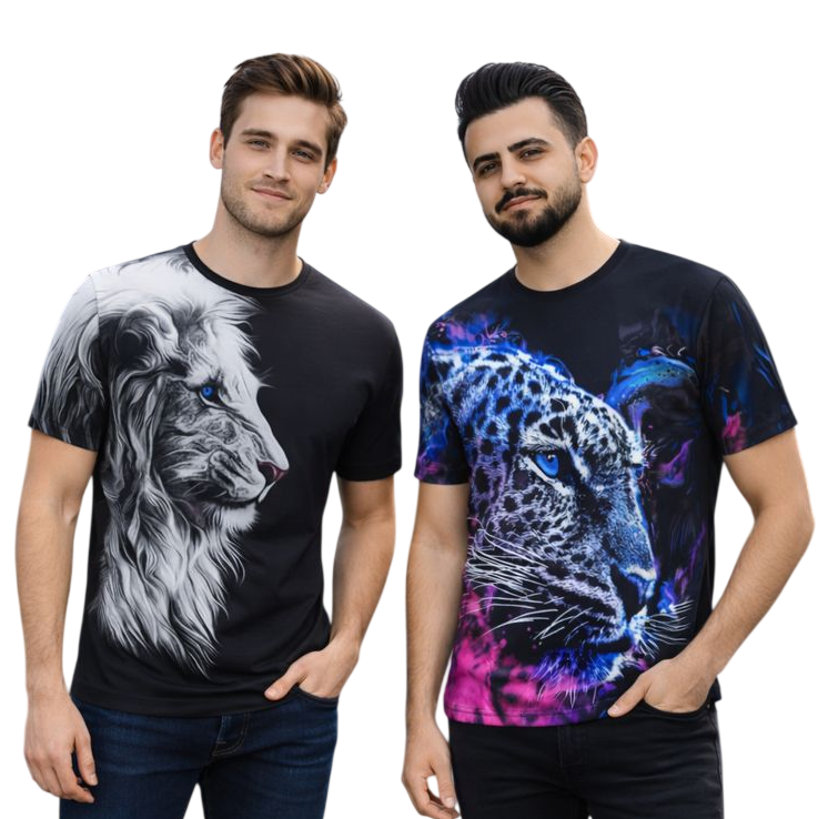 2-Pack Men's 3D Realistic Lion Graphic T-Shirts 2-Pack ( Black-Multi Tiger)