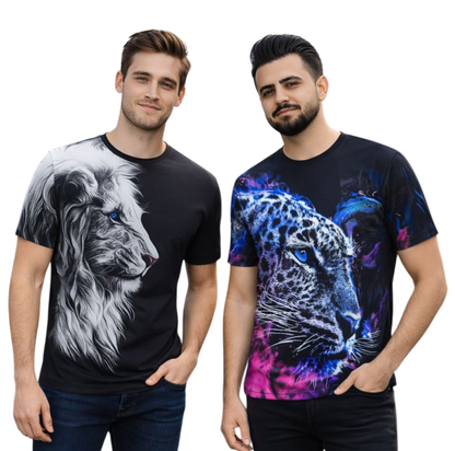 2-Pack Men's 3D Realistic Lion Graphic T-Shirts 2-Pack ( Black-Multi Tiger)