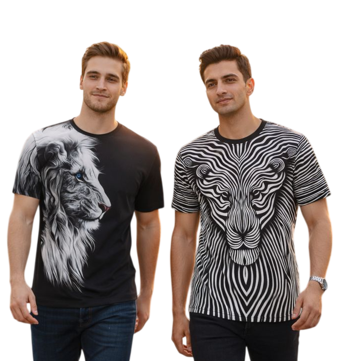 2-Pack Men's 3D Realistic Lion Graphic T-Shirts 2-Pack ( Black-White Lion)
