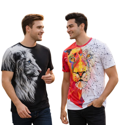 2-Pack Men's 3D Realistic Lion Graphic T-Shirts 2-Pack ( Black-Red White Lion)