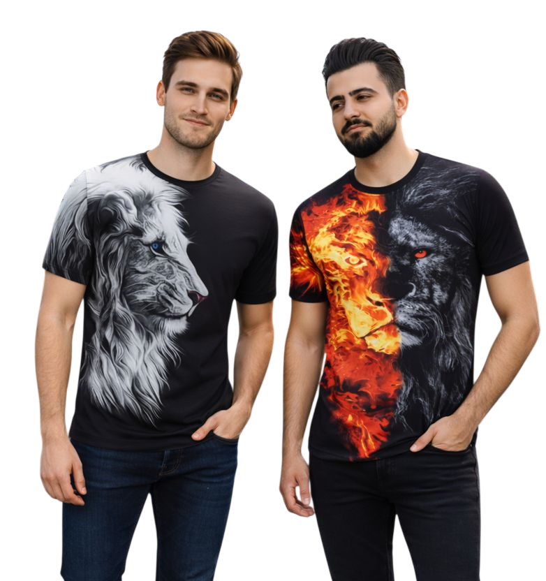 2-Pack Men's 3D Realistic Lion Graphic T-Shirts 2-Pack ( Black-Fire lion)