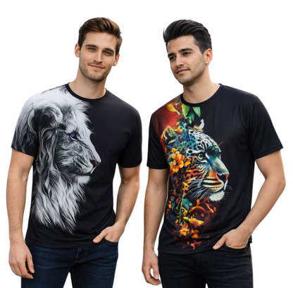 2-Pack Men's 3D Realistic Lion Graphic T-Shirts 2-Pack ( Black-Flower Tiger)