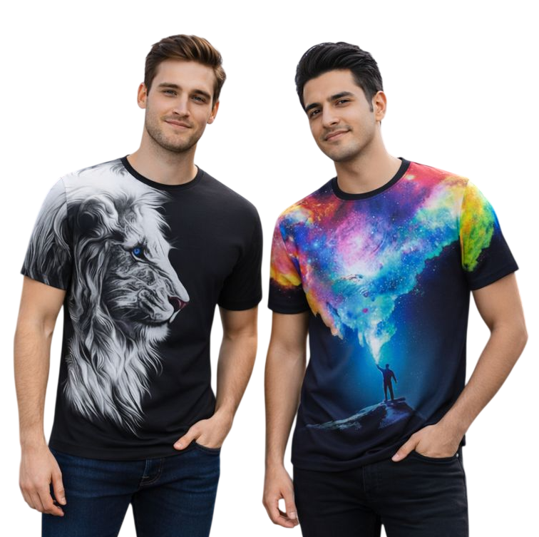 2-Pack Men's 3D Realistic Lion Graphic T-Shirts 2-Pack ( Black-Galaxy)