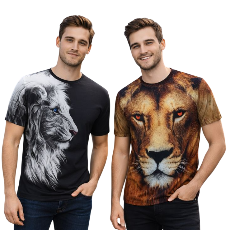 2-Pack Men's 3D Realistic Lion Graphic T-Shirts 2-Pack ( Black-Gold Lion)