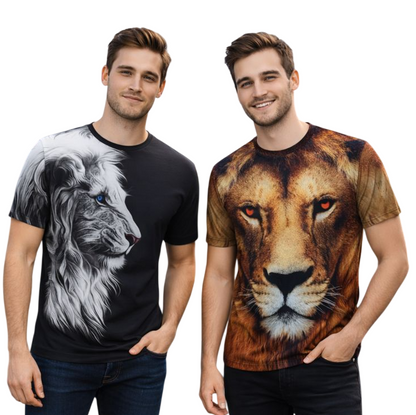 2-Pack Men's 3D Realistic Lion Graphic T-Shirts 2-Pack ( Black-Gold Lion)