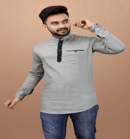 UDFABRIC Solid Cotton Casual Short Kurta For Men's - Grey - UD FABRIC - Your Style our Design