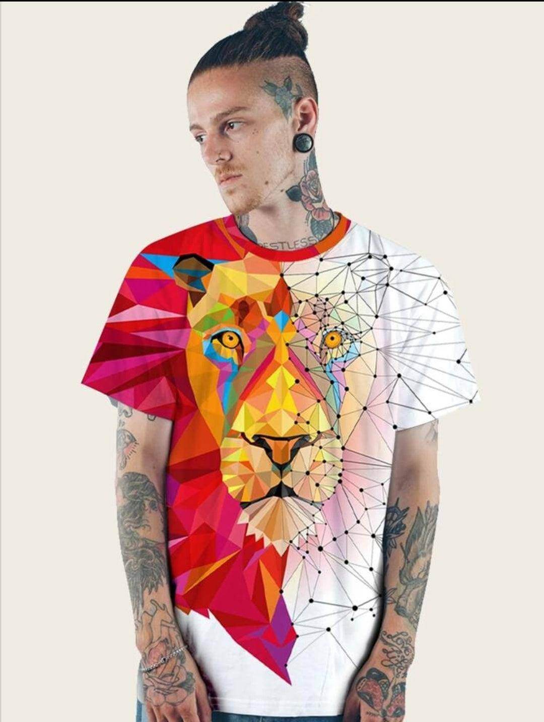 Model Wearing 3D Lion Geometric Print Tee Front