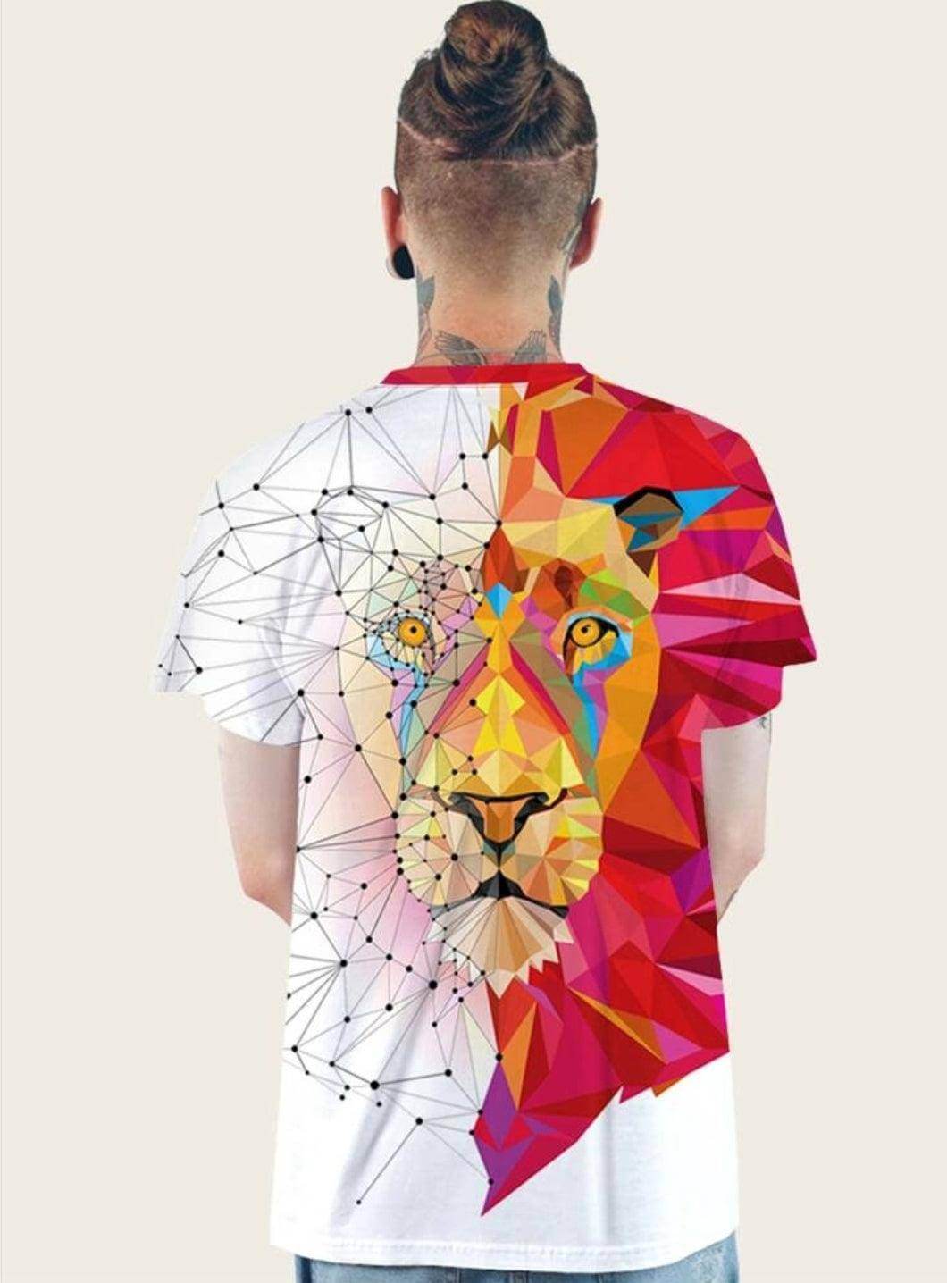 Model Wearing 3D Lion Geometric Print Tee Back