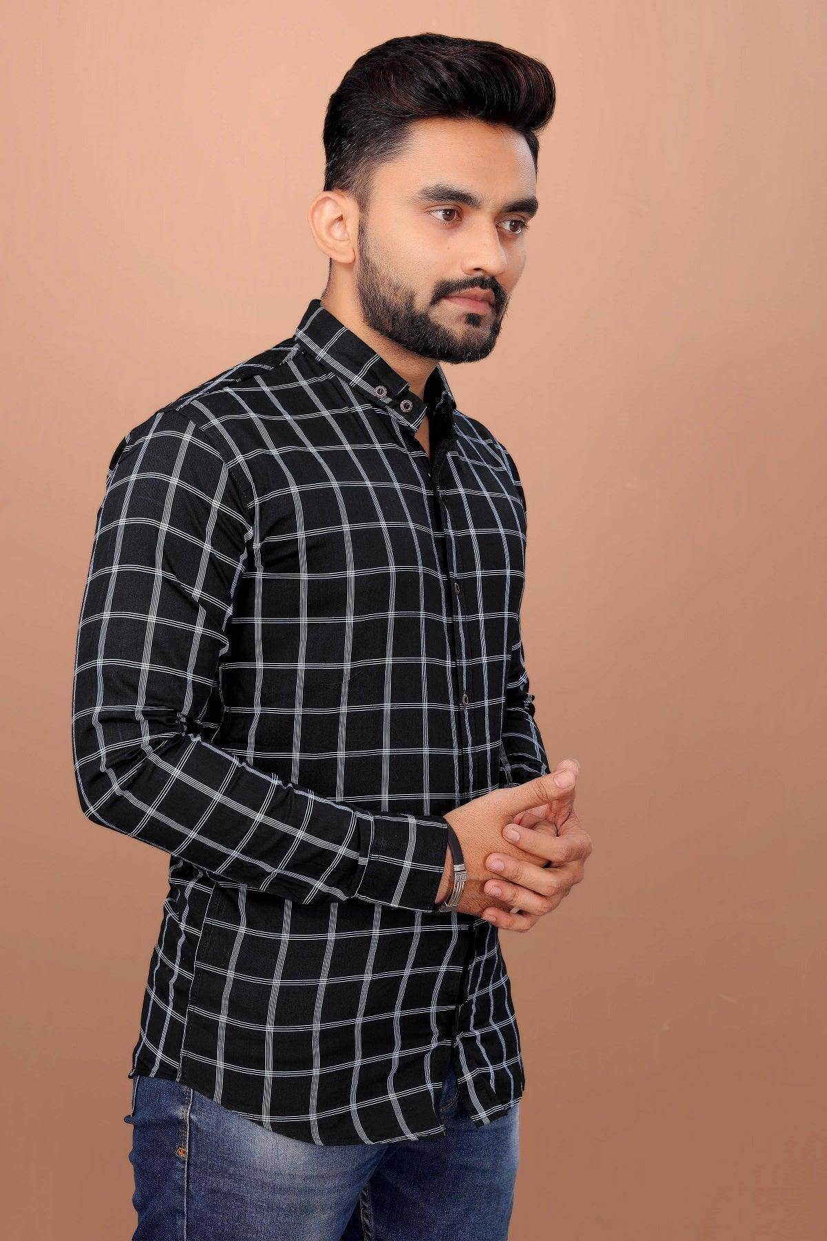 UD FABRIC Men Full Sleeve Cotton Casual Check Shirts - Black - UD FABRIC - Your Style our Design