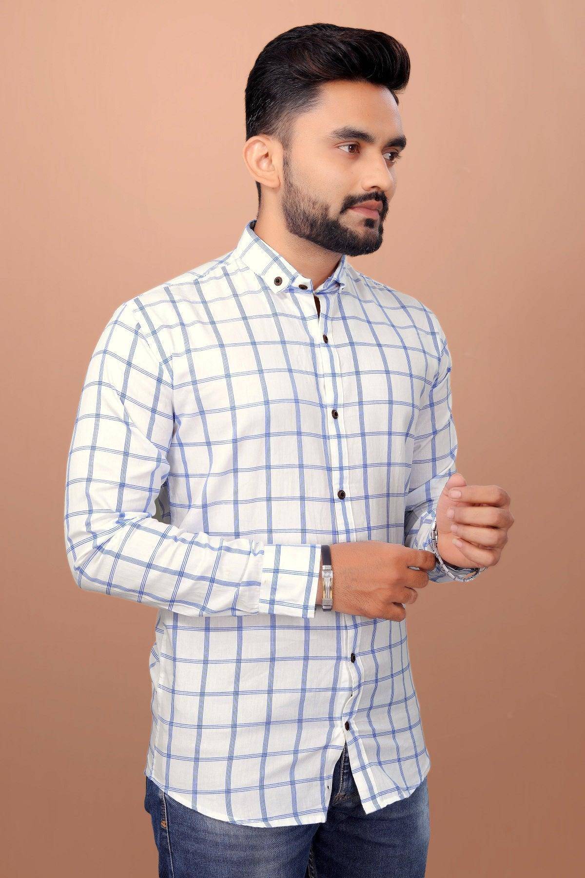 UD FABRIC Men Full Sleeve Cotton Casual Check Shirts - White - UD FABRIC - Your Style our Design