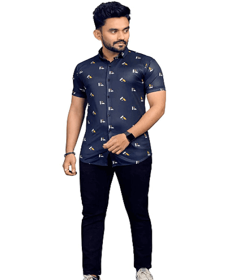 Blue Floral Stretch Short Sleeve Printed Shirt for Men - UD FABRIC - Your Style our Design