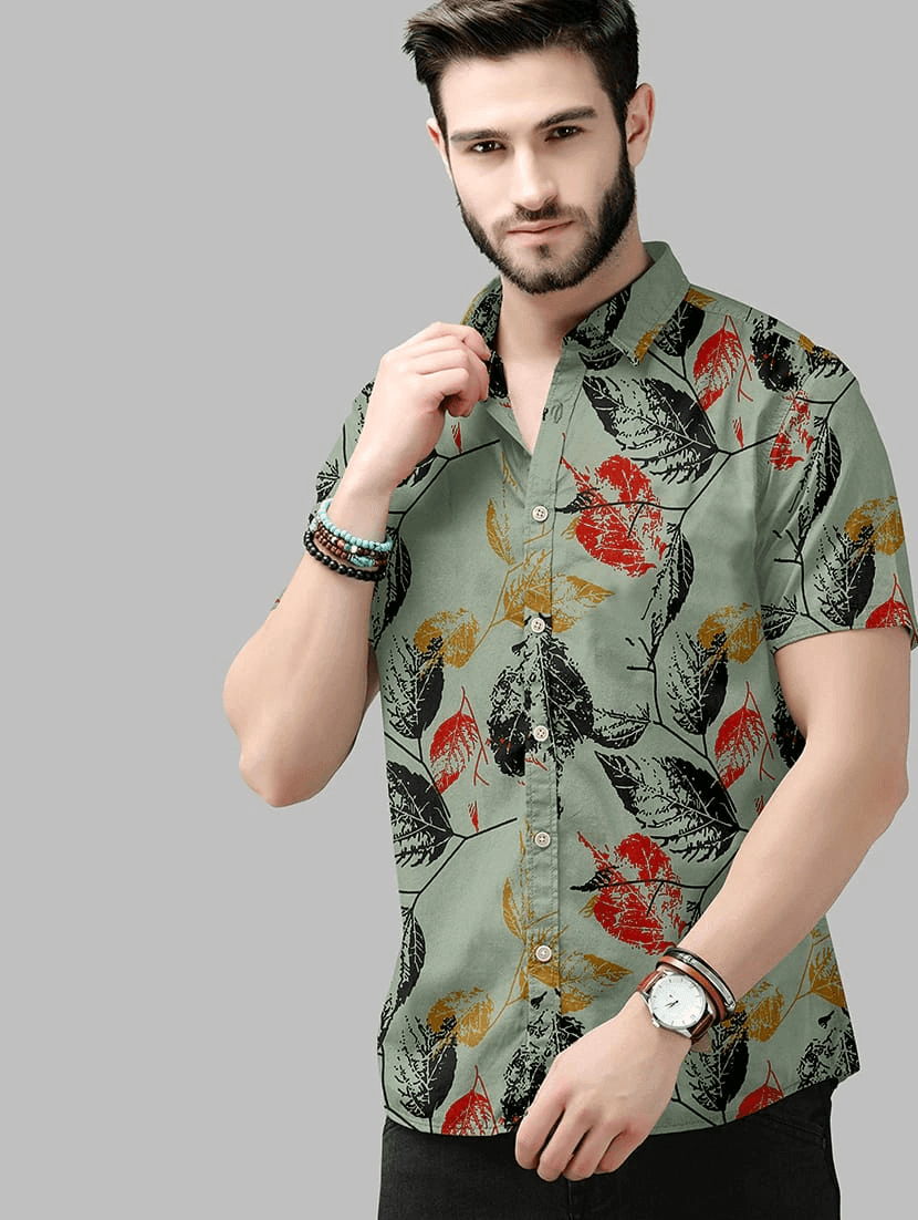 Floral Stretch Short Sleeve Printed Shirt for Men - Cream - UD FABRIC - Your Style our Design