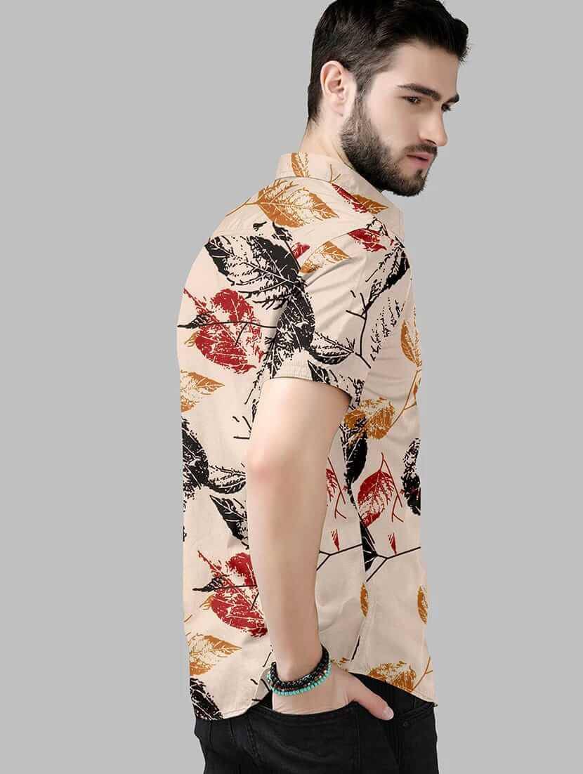 Floral Stretch Short Sleeve Printed Shirt for Men - Cream - UD FABRIC - Your Style our Design