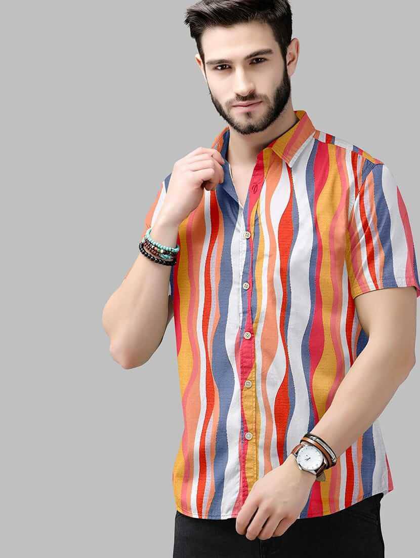 Floral Stretch Short Sleeve Printed Shirt for Men - Orange - UD FABRIC - Your Style our Design