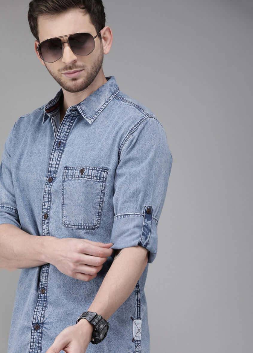 Blue light  weight Denim Casual Shirt for Men's - UD FABRIC - Your Style our Design
