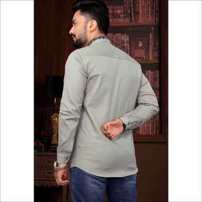 Grey Long Sleeve Cotton Casual Solid Slim Fit Black Shirts for Men - UD FABRIC - Your Style our Design