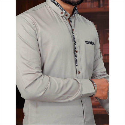 Grey Long Sleeve Cotton Casual Solid Slim Fit Black Shirts for Men - UD FABRIC - Your Style our Design