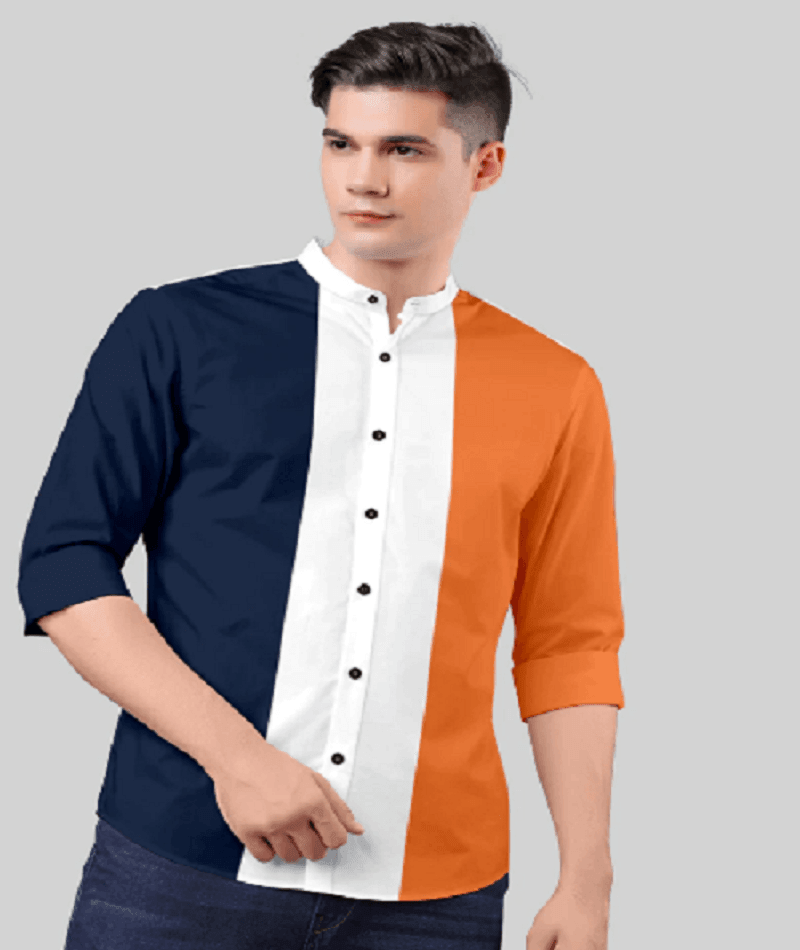 Men's Cotton  Long Sleeve Slim Fit Casual Button Down Color Block Shirts - Orange - UD FABRIC - Your Style our Design