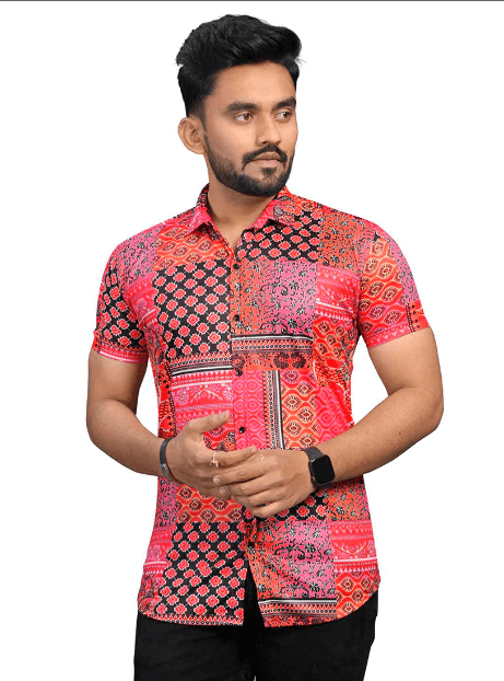 Pink Floral Stretch Short Sleeve Printed Shirt for Men - UD FABRIC - Your Style our Design