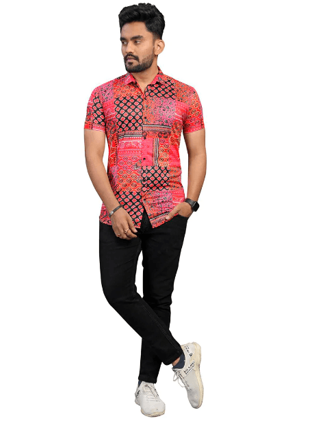 Pink Floral Stretch Short Sleeve Printed Shirt for Men - UD FABRIC - Your Style our Design